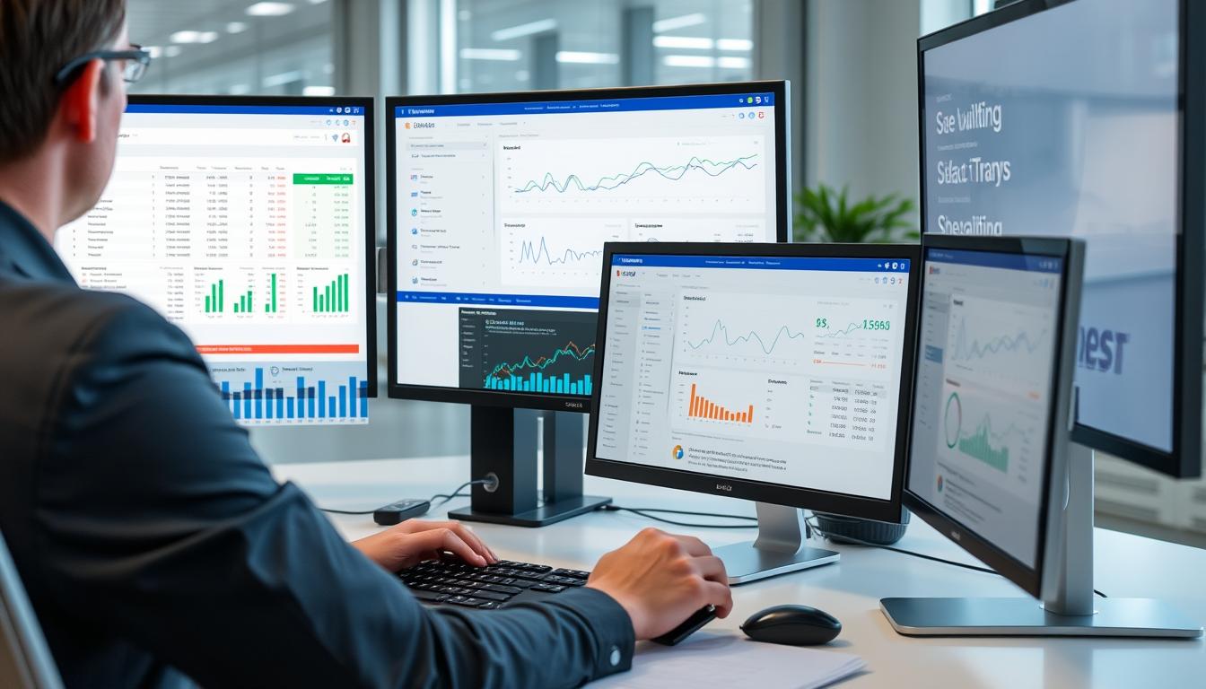 A person analyzing link building opportunities on multiple screens showing backlink data and SEO metrics